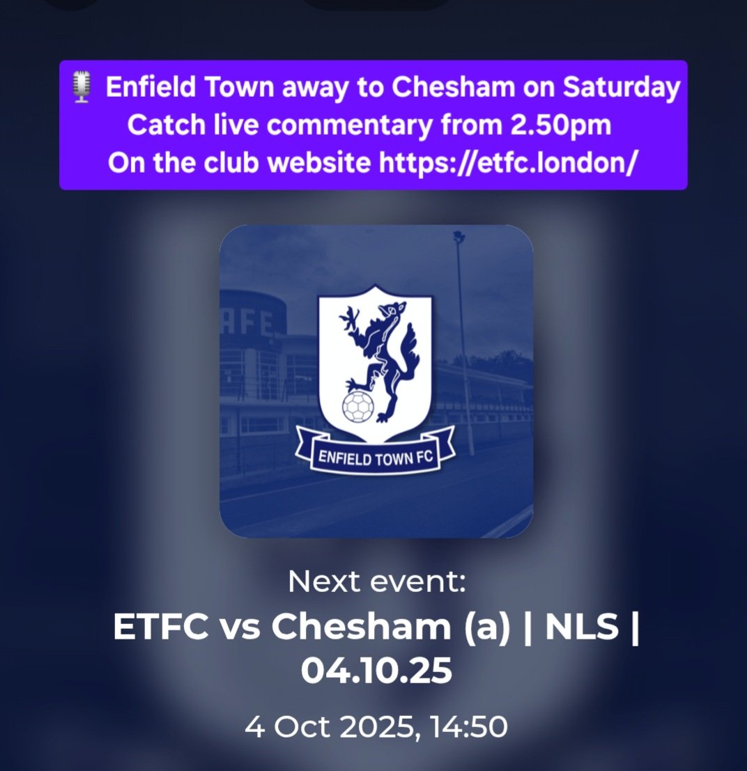 Catch live commentary of <a href="/ETFCOfficial/">Enfield Town FC</a> away to <a href="/cheshamutdfc/">Chesham United FC</a> on Saturday from 2.50pm on the club website etfc.london 
#UpTheTown