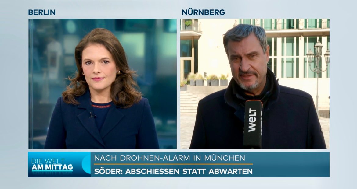 Ch_Lewinsky's tweet photo. Nach den Sichtungen von #Drohnen  über dem Flughafen #München fordert Bayerns Ministerpräsident #Söder drastische Konsequenzen: Drohnen müssten „abgefangen und abgeschossen“ werden. Zudem brauche Deutschland eine Abwehr wie den „Iron Dome“, sagt er im Interview mit @welt TV https://t.co/LIVZyHCbPH