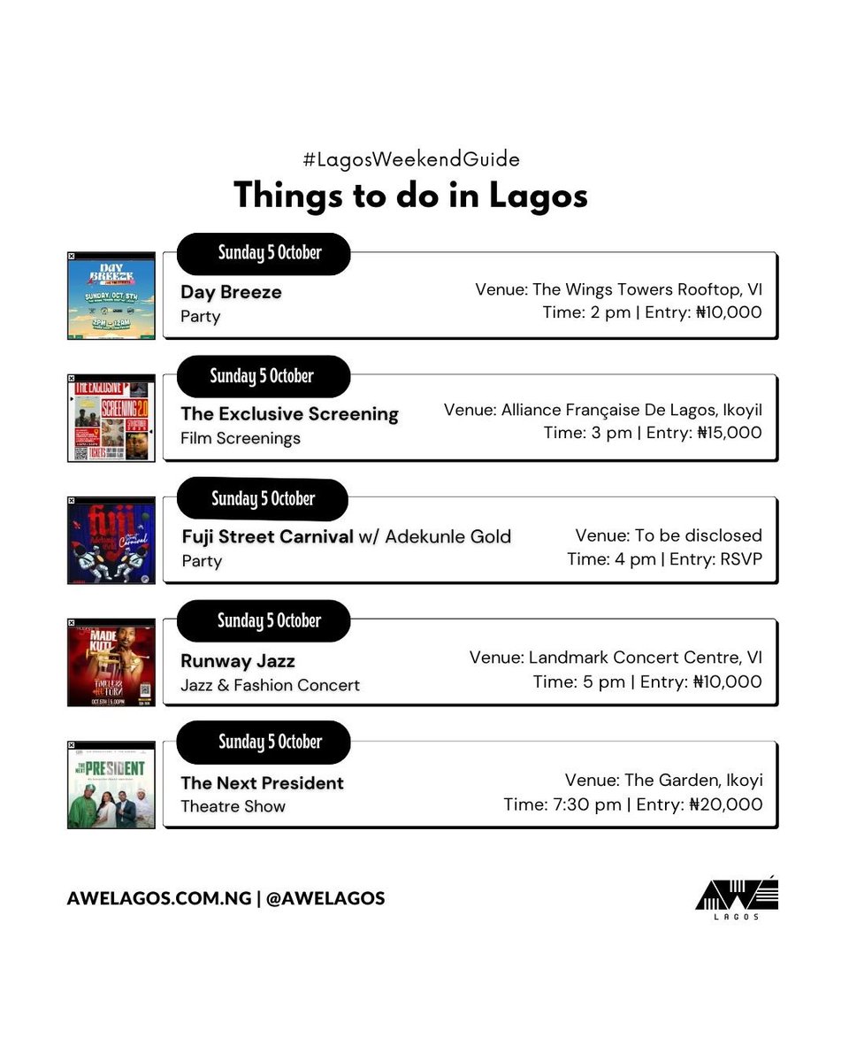 Looking for where the vibes are? We’ve rounded up the best things happening in Lagos this weekend for you.

From the high-speed thrills of the E1 Lagos GP and an Independence-themed Trivia Night, to a K-BBQ Night by Beezus Kitchen, musical concerts and more — your weekend plans