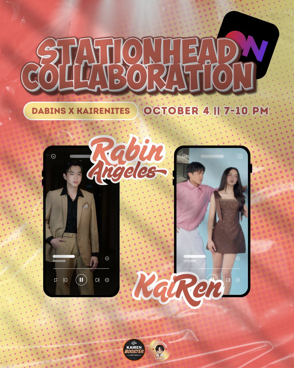 Dabin Corner (@_dabincorner) on Twitter photo Another collab drop! 🧡🔥
Dabins x KaiRenites
🗓️ Oct 4 | 7 PM
🎧 stationhead.com/dabincorner
Rabin x KaiRen — we’re bringing all the energy tomorrow night! 🤟🏻🤩
#DaCollabs w/ <a href="/kairenbooster/">KAIREN BOOSTER</a>
#RabinAngeles | #KaiRen Another collab drop! 🧡🔥
Dabins x KaiRenites
🗓️ Oct 4 | 7 PM
🎧 stationhead.com/dabincorner
Rabin x KaiRen — we’re bringing all the energy tomorrow night! 🤟🏻🤩
#DaCollabs w/ <a href="/kairenbooster/">KAIREN BOOSTER</a>
#RabinAngeles | #KaiRen