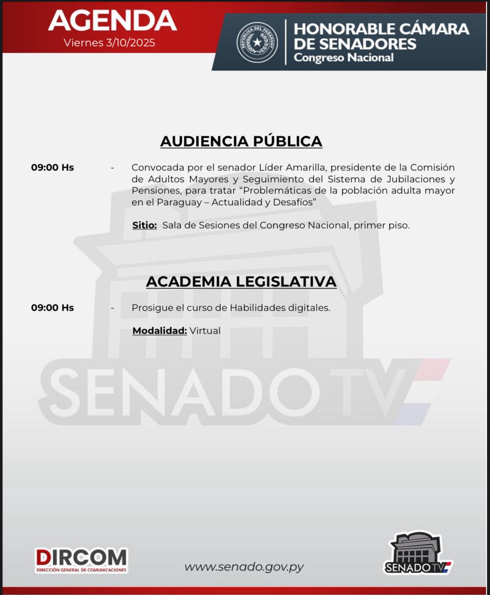 Agenda de la Cámara de Senadores - Viernes 03/10/2025🗓️🏛️
Senado TV 📺