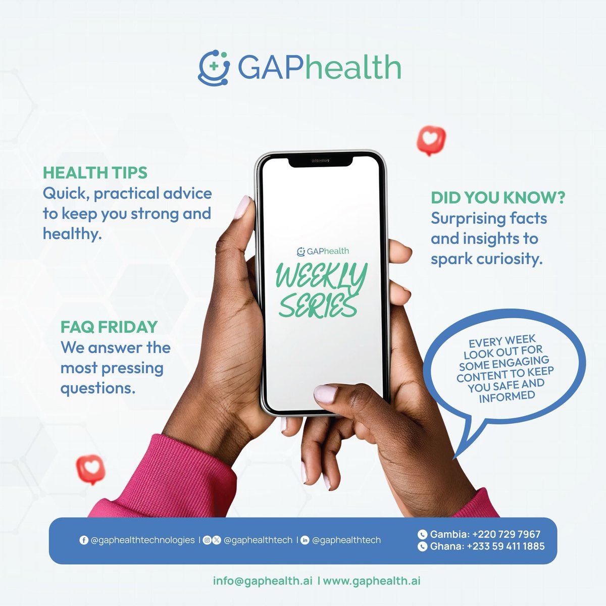 GAPHealth brings you the Weekly Health Series:
💡 Health Tip
❓ Did You Know
🩺 FAQ
Short. Smart. Powerful. Every week.
Your health, first. Don’t miss it!
#HealthTips #GAPHealth #Wellness