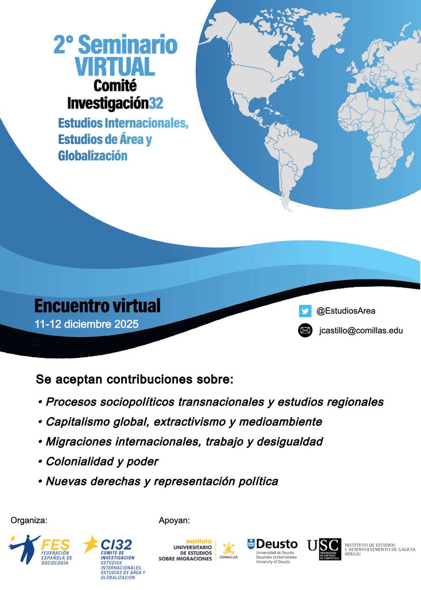 EstudiosArea's tweet photo. EXTENSIÓN del plazo para enviar propuestas al II Seminario Virtual Intercongresual "Estudios Internacionales, Estudios de Área y Globalización"  
🗓️Nuevo plazo: 17/10/2025 
➕Info en: https://t.co/Die7uyHegi https://t.co/7Buq5l8s6e