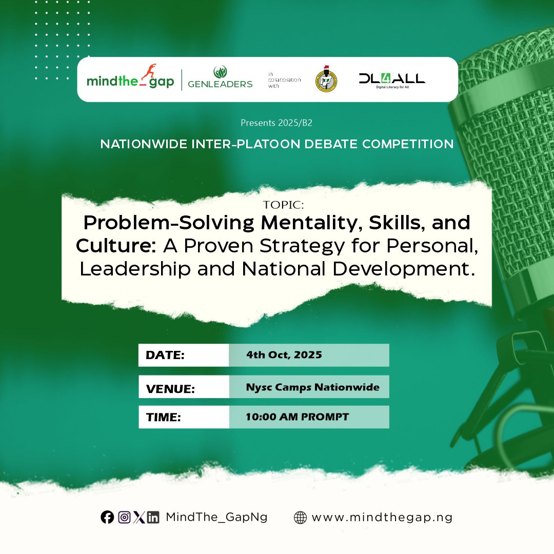 The ultimate intellectual showdown is TOMORROW! Which platoon will prove they have the Problem-Solving Mentality to lead Nigeria's future?

Your voice matters. Don't miss the #Mindthegap Debate Competition.

📅 Sat, Oct 4 | ⏰ 10 AM #YouthEmpowerment #NationalDevelopmen