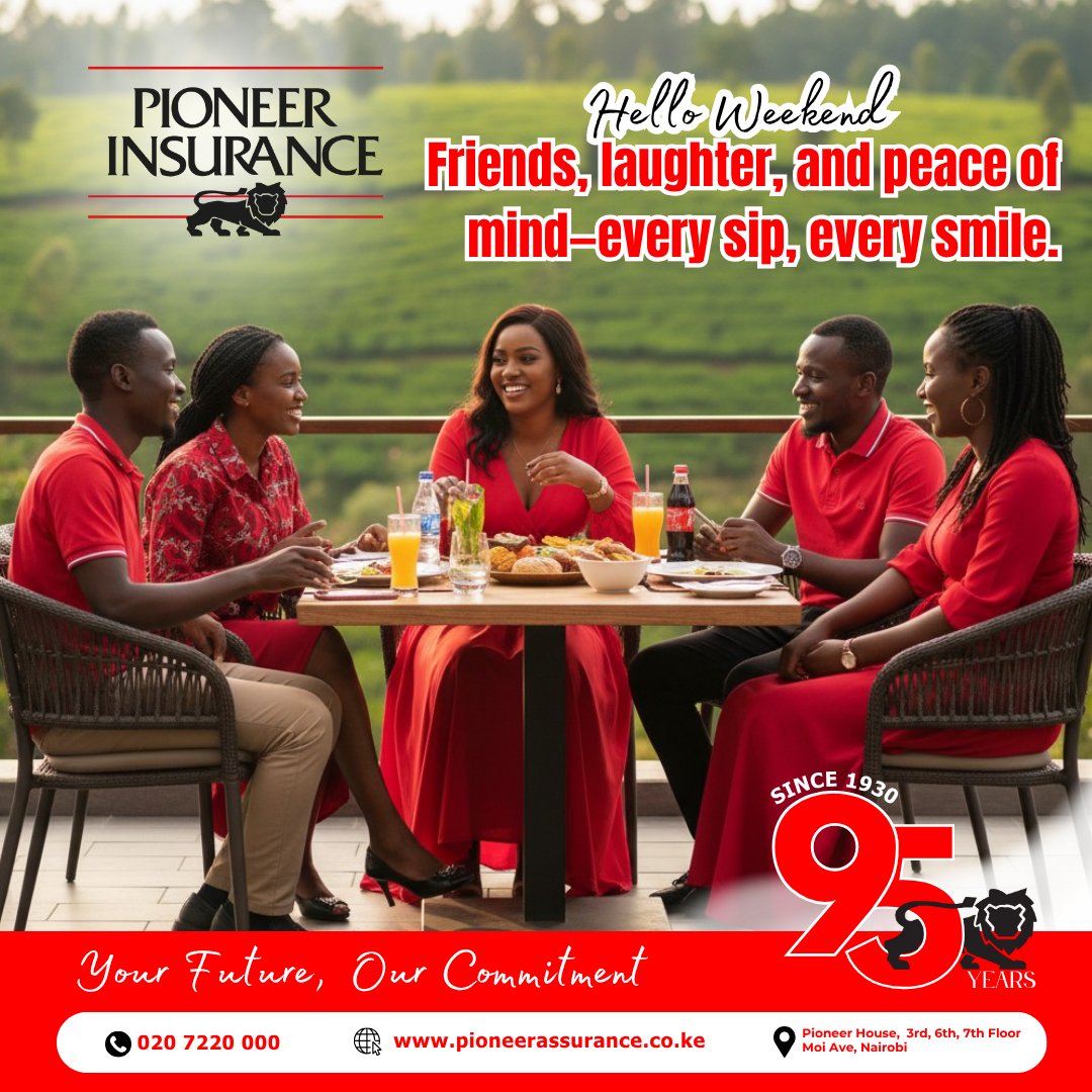 PioneerKenya's tweet image. 🥂 Hello Weekend!
Friends, laughter &amp;amp; peace of mind — the perfect recipe for every sip &amp;amp; every smile. ❤️
For 95 years, Pioneer Insurance has been securing those priceless moments.
📲 Dial *887# today &amp;amp; let your future enjoy the same peace.

#HelloWeekend #YourFutureOurCommitment