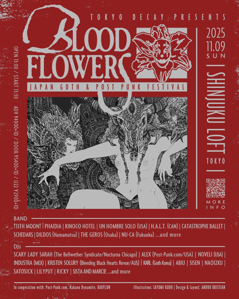 nAo12xu's tweet photo. 【🎫前売予約受付開始】
『BLOODFLOWERS -Japan Goth &amp; Post Punk Festival-』
10/03(金)20:00 TICKET 受付開始しました！

当日の入場順：①e+/イープラス→②Peatix→③Google Form

👇下記リンクからアクセスお願いします🎫
https://t.co/NepSlMVv0r

QRコードはLinkTree宛
#BLOODFLOWERSFESTIVAL https://t.co/YphbK9Bjpg