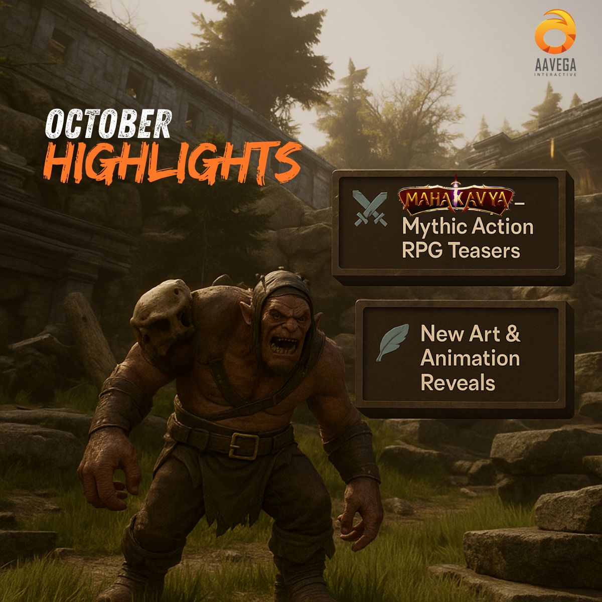 Explorers, October is packed with action at Aavega Interactive!

October Highlights:

Mahakavya: New teasers and gameplay showcases
Fresh Art &amp; Animation reveals from our team

#aavegainteractive #mahakavya #gamingcommunity #gamedev #actionrpg #nextgengaming