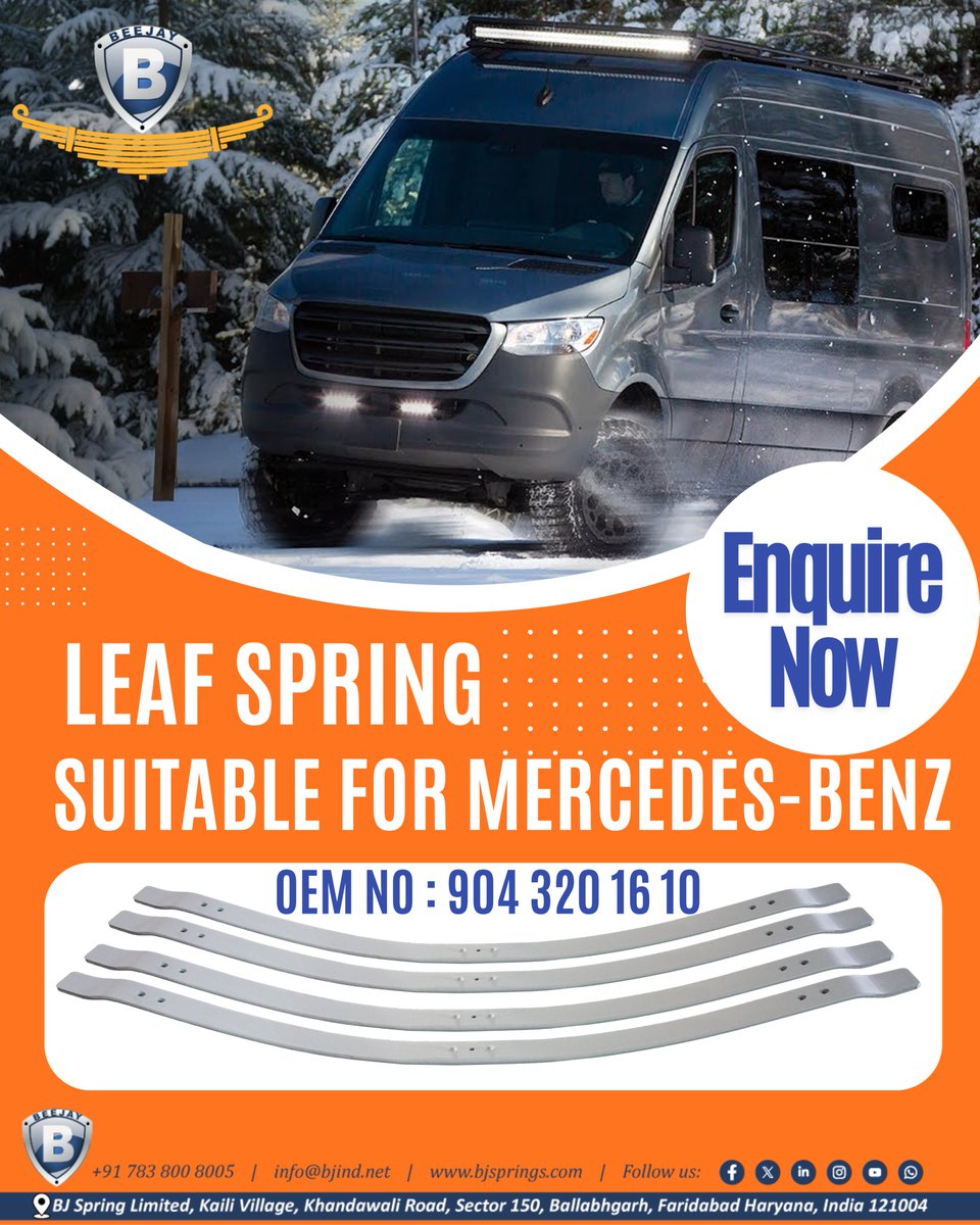 bjspringsind's tweet image. 🚛 Strength Meets Precision.
BJ Spring Limited offers OEM Leaf Spring (OEM No: 904 320 16 10) suitable for Mercedes-Benz.
👉 Partner with us for premium suspension solutions trusted across Europe.
#MercedesBenz #TruckParts #LeafSpring #OEMParts #BJSpring