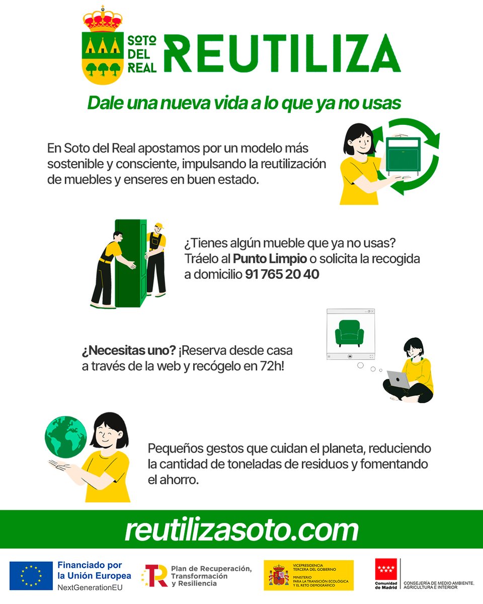 ♻️ ¡Reutiliza Soto! ♻️
👉¿Tienes algún mueble que ya no usas? Tráelo al Punto Limpio o solicita la recogida a domicilio 📞 91 765 20 40
👉¿Necesitas uno? ¡Reserva desde casa a través de la web y recógelo en 72h!

🔗reutilizasoto.com

#ViveSoto #ReutilizaSoto