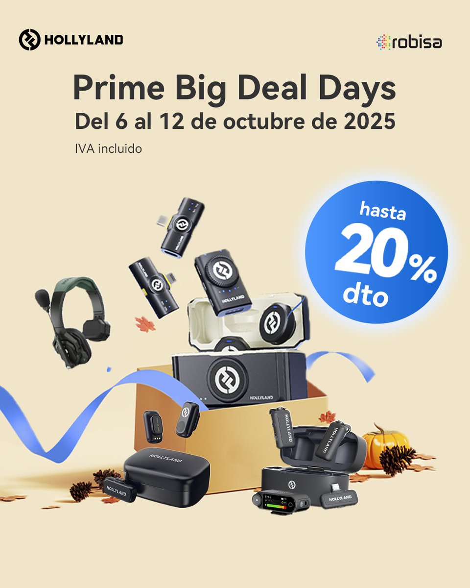 Llegan los Big Prime Deal Days de Hollyland, durante una semana del 6 al 12 de octubre disfruta de hasta un 20% de descuento en soluciones de transmisión inalámbrica, intercomunicadores y micrófonos.  Más información robisa.es/oferta-hollyla… <a href="/Hollyland_Tech/">Hollyland</a> #primedays