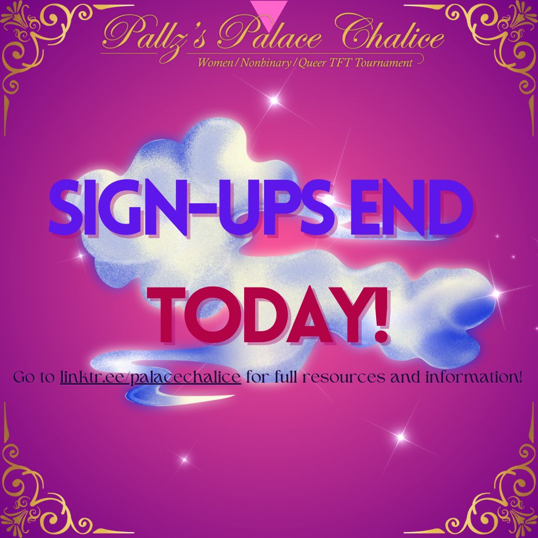 🚨 FINAL CALL! 🚨

Today’s your LAST CHANCE to sign up for Pallz’s Palace Chalice! 🏆💪

Step into the ring, meet awesome TFT players, and battle it out for glory (and prizes (ty <a href="/TFT/">Teamfight Tactics</a> and <a href="/riotgames/">Riot Games</a> ❤️)!

⏰ Sign-ups close TONIGHT. Don’t miss out!  

tinyurl.com/palacechalice6