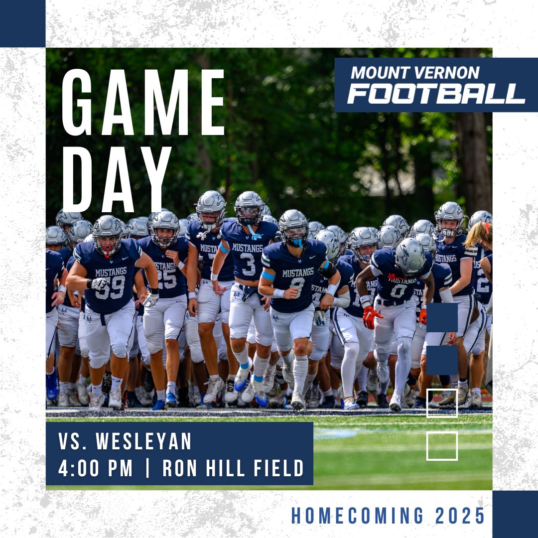 🏈 GAME DAY!
🆚 <a href="/WesleyanWolves/">Wesleyan Wolves</a> 
⌚ 4:00 PM
🏟️ Ron Hill Field
📍 Mount Vernon School
🎟️ tinyurl.com/c47j7x9p
📺 tinyurl.com/5etdb5sc
🥳 Homecoming 2025!
🐴 #MVfootball #MVathletics #ImAMustang #LetsDoThis <a href="/TheMVSchool/">Mount Vernon School</a> <a href="/Mustangs_MVFB/">Mount Vernon Mustangs Football</a>