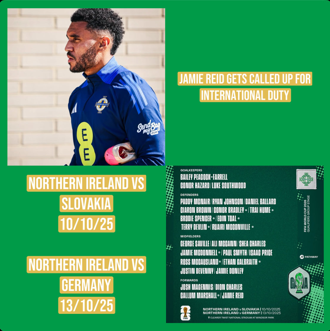 _BORONEWS_'s tweet photo. โ๏ธINTERNATIONAL DUTYโ๏ธ
Jamie Reid has been called up for international duty ๐ ๐๐ป
Jamie Reid will be playing:
Slovakia (H) ๐ธ๐ฐ
Germany (H) ๐ฉ๐ช
Good luck to the Boro attacker and hope he comes back happy and proud ๐ช๐ป
UP THE BORO ๐ดโช๏ธ
#sbfc | #NorthenIreland https://t.co/zQeB5Y3RO4