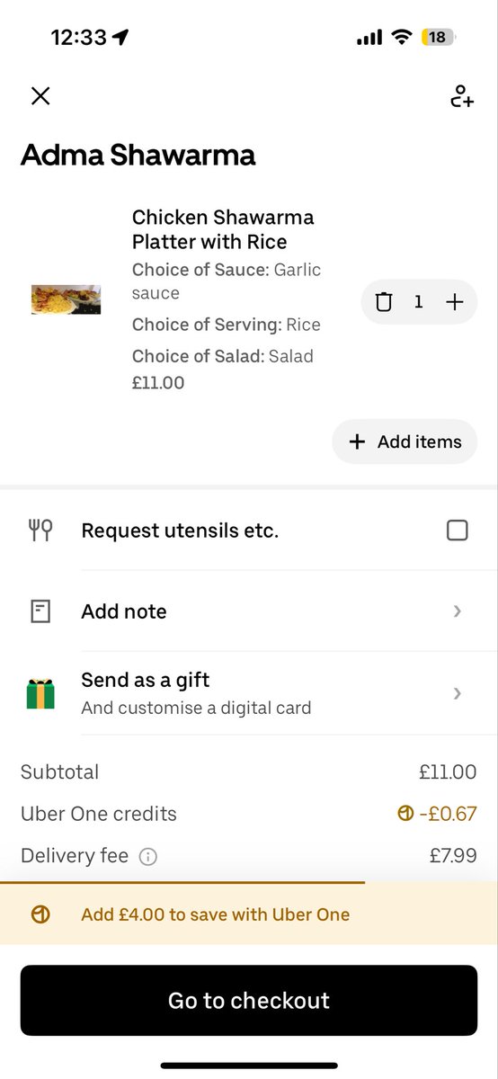 farixbts's tweet photo. What on earth is going on with Uber Eats Delivery fee? Why am I being charged £8 for an £11 order that's from a place 10 mins away by walk. 
@UberEats #UberEatsScam https://t.co/UltMH7SgxR