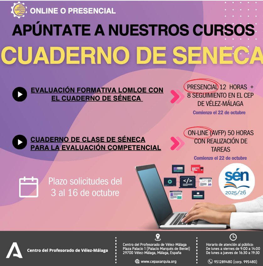 Si eres docente y quieres iniciarte en el uso del cuaderno de <a href="/senecaeducacion/">Séneca Educación</a>, el próximo 22 de octubre comenzamos la formación presencial en <a href="/cepaxarquia/">CEP Axarquía</a>. Más info aquí: juntadeandalucia.es/educacion/secr…