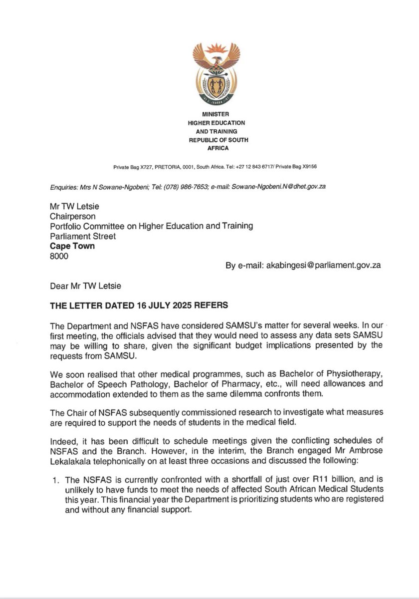 SAMSU welcomes commitment by <a href="/DHET/">DHET</a> Minister <a href="/ButiManamela/">Buti Manamela</a> to engage <a href="/FinanceMinister/">Finance Minister</a> <a href="/EnochGodongwana/">Enoch Godongwana</a> for additional resources to address the dire state of <a href="/NSFAS/">Mdiya Croc Manelisi</a> and SAMSU also calls for urgent action on medical students funding gap.