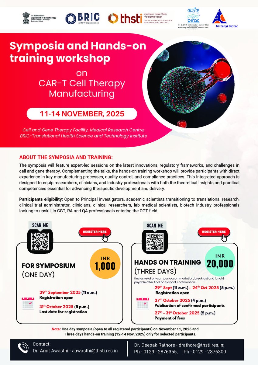 Join us for a symposia and hands-on training workshop on CAR-T Cell Therapy Manufacturing at
<a href="/THSTIFaridabad/">DBT-THSTI</a> from Nov 11-14, 2025. The workshop is in collaboration with <a href="/miltenyibiotec/">Miltenyi Biotec</a>.  
Visit the link for full details on the agenda, venue, and fees: 🔗thsti.in/CGTP/