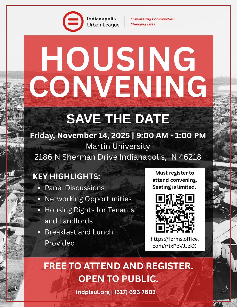 Join the Indianapolis Urban League's Housing Convening! 
Friday, Nov 14, 2025 9:00 a.m.–1:00 p.m. 
Engage with leaders, landlords, and tenants on housing solutions. 
Breakfast &amp; lunch included! Seats limited. 
buff.ly/dwd3mmz 
#HousingSolutions #CommunityImpact