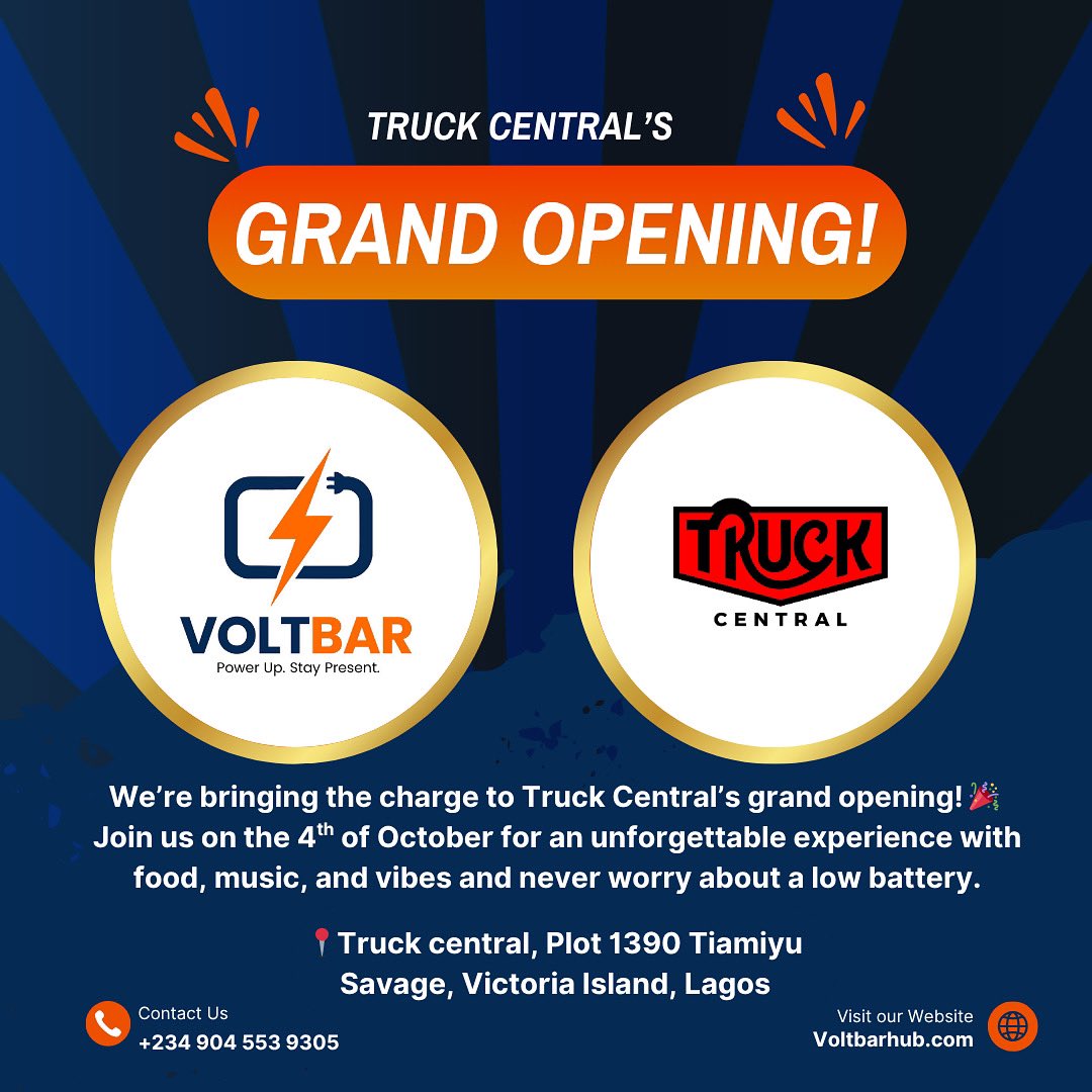 The_Voltbar's tweet photo. We’re bringing the energy and charge to Truck Central’s grand opening tomorrow. Join us at Plot 1390 Tiamiyu Savage, Victoria Island and experience a launch that stays fully powered.
#VoltBar 
#PowerOnTheGo 
#StayChargedStayPresent 
#MobileChargingBooth 
#VoltBarNigeria https://t.co/cEXK3sJ898