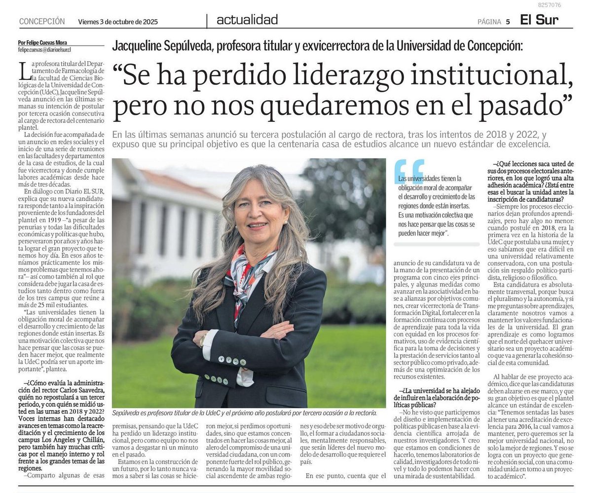 En <a href="/elsurcl/">Diario El Sur</a> de hoy entrevisté a Jacqueline Sepúlveda, académica y exvicerrectora UdeC, quién confirmó que por tercera ocasión buscará ser rectora del plantel en los comicios del próximo año. "No hemos participado en el diseño e implementación de políticas públicas", lamentó 🗞️✅