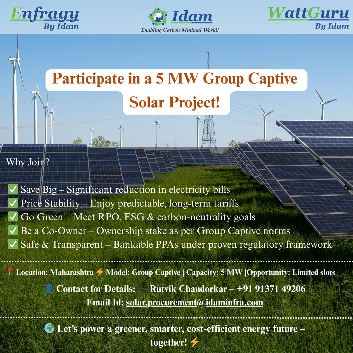 IdamInfra's tweet photo. 🌞 Join as a Captive User in a 5 MW Group Captive Solar Project in Maharashtra! 🌞

Idam Infrastructure Advisory is enabling C&amp;I consumers to invest in renewable energy and access power via open access – saving costs while boosting sustainability.

📞Rutvik Chandorkar: 9137149206 https://t.co/NLdv9rfQqS