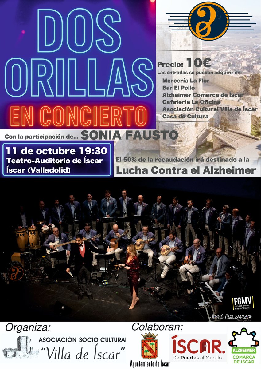 Anunciando el próximo concierto, pero este es muy especial. Colaboramos con la Lucha contra el #Alzheimer. 
La entrada tiene un precio simbólico de 10€.
Será el dia 11 de Octubre a las 19:30 en el Teatro_Auditorio de Iscar. 

Nos acompaña  Sonia Fausto Caravantes