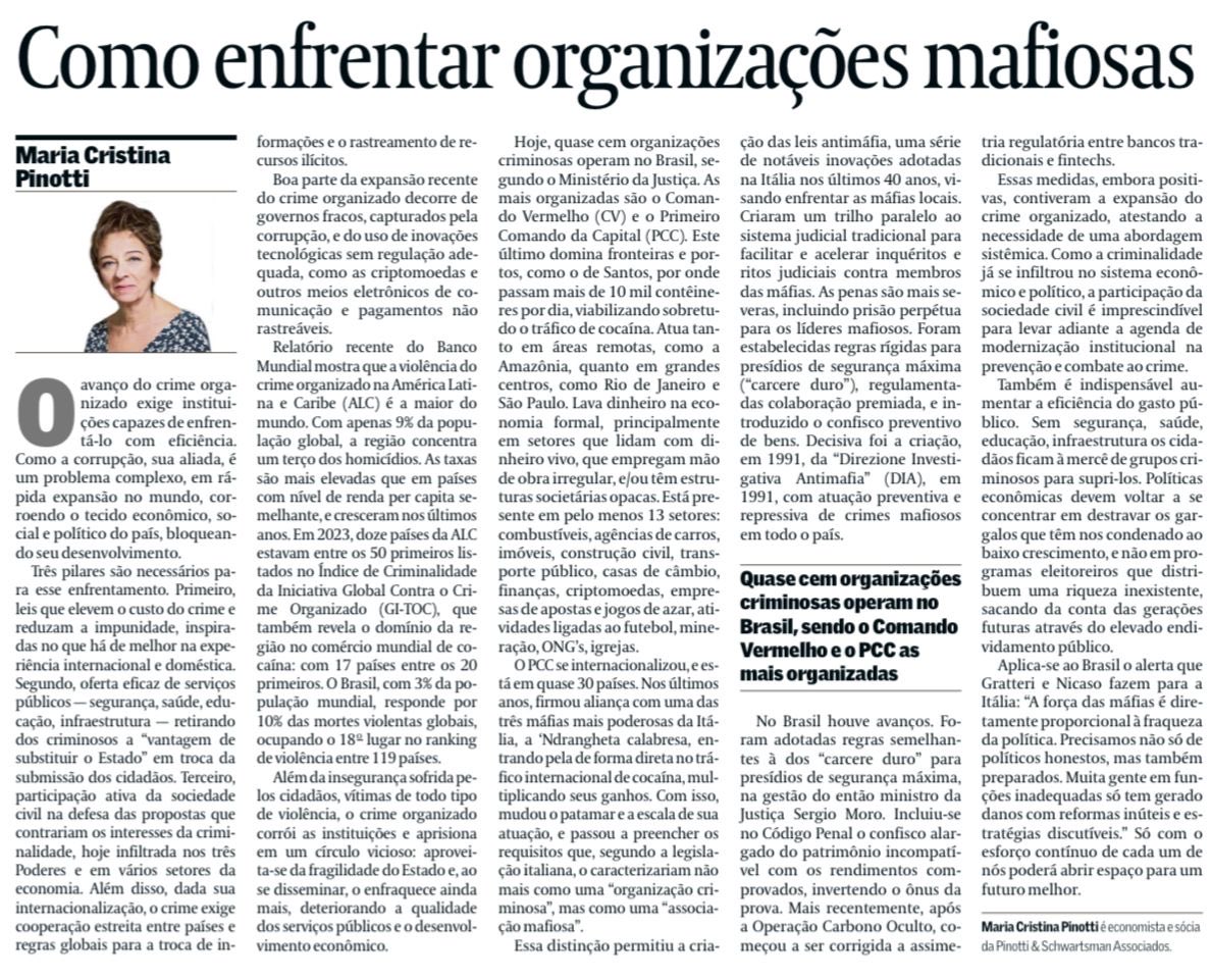 Artigo da Cristina Pinotti sobre crime organizado e as medidas necessárias para lidar com ele. 

Leitura imprescindível que alerta para a escala do problema e aponta os caminhos para resolvê-lo. 

Por favor, divulguem.