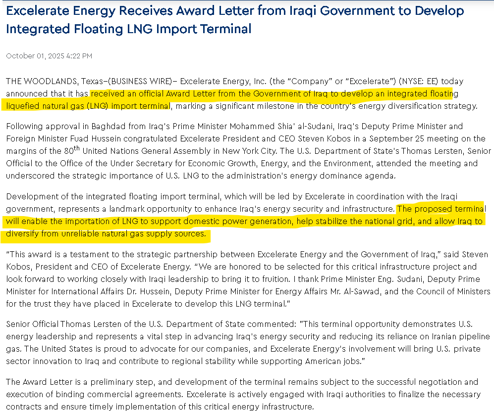 Excelerate Energy to Build LNG Import Terminal in Iraq.
Yes, Iraq.