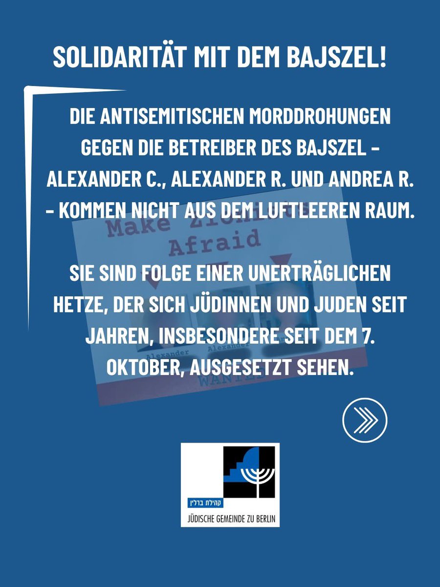 s_koenigsberg's tweet photo. Antisemitische Morddrohungen gegen die Betreiber des Bajszel in Berlin: Alexander C., Alexander R. und Andrea R.
Sie sind kein Einzelfall, sondern Teil einer seit Jahren zunehmenden Hetze gegen Jüdinnen und Juden – verstärkt seit dem 7. Oktober. 

#Antisemitismus #bajszel #berlin https://t.co/KSYoMSLnYJ