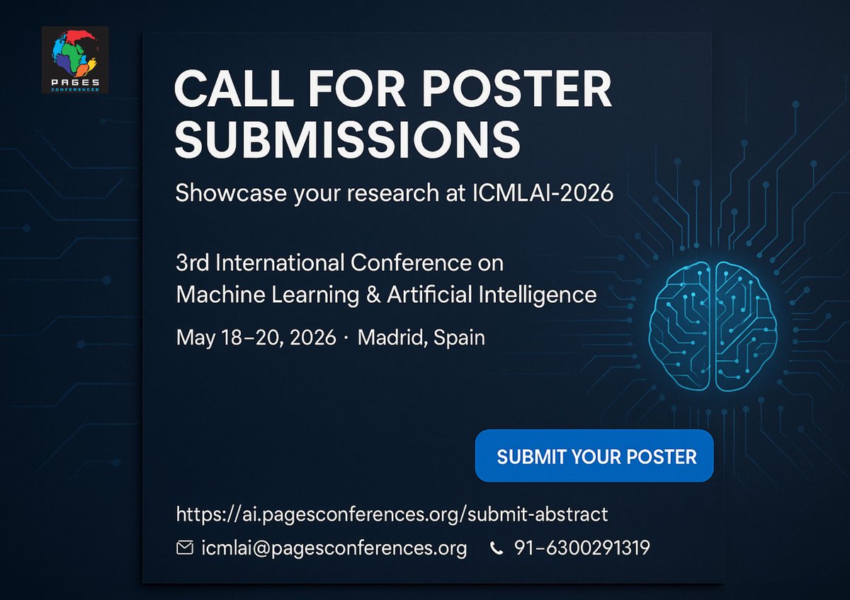 MLAIConference's tweet photo. Call for Poster Submissions – #ICMLAI2026
Showcase your #AI &amp; #MachineLearning research in Madrid, Spain  (May 18–20, 2026).

👉 Submit here: https://t.co/mH4EVP8GNJ
#ArtificialIntelligence #DeepLearning #AIResearch  #PosterPresentation #AIConference https://t.co/k3WYuS9Efk