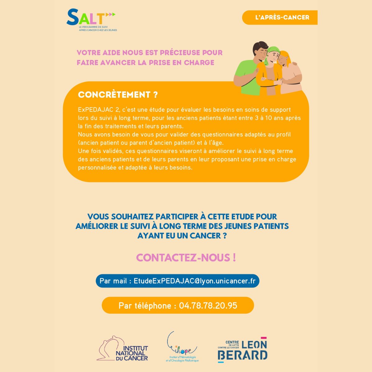 💜 Tu as été patient(e) ? Tu es parent d'un ancien patient ?
👉 Le projet ExPEDAJAC2 a besoin de toi !

Nous testons un questionnaire pour mieux comprendre et améliorer le suivi et les soins de support à long terme.

#CentreLeonBerard #Recherche #Cancer #Parents #ExPatients