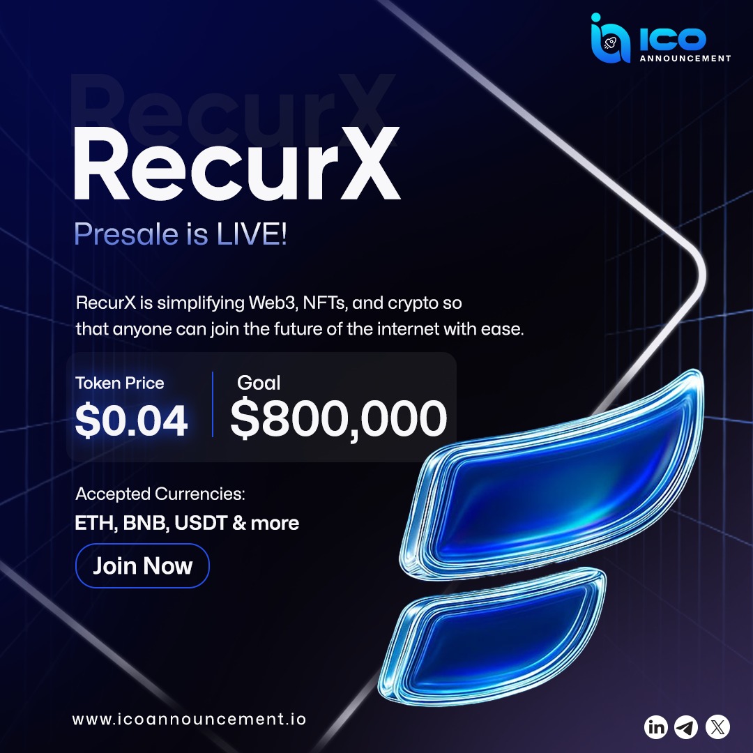 ICOAnnouncement's tweet photo. 🚀 Dive into Web3 effortlessly - join the RecurX ($RCX) presale now at just $0.04!
Know More: https://t.co/gWS7j8SDmu
#RecurX #RCX #CryptoPresale #Web3 #NFTs #CryptoNews #Blockchain #CryptoCommunity #TokenSale #Altcoins https://t.co/PQstTsbTJo