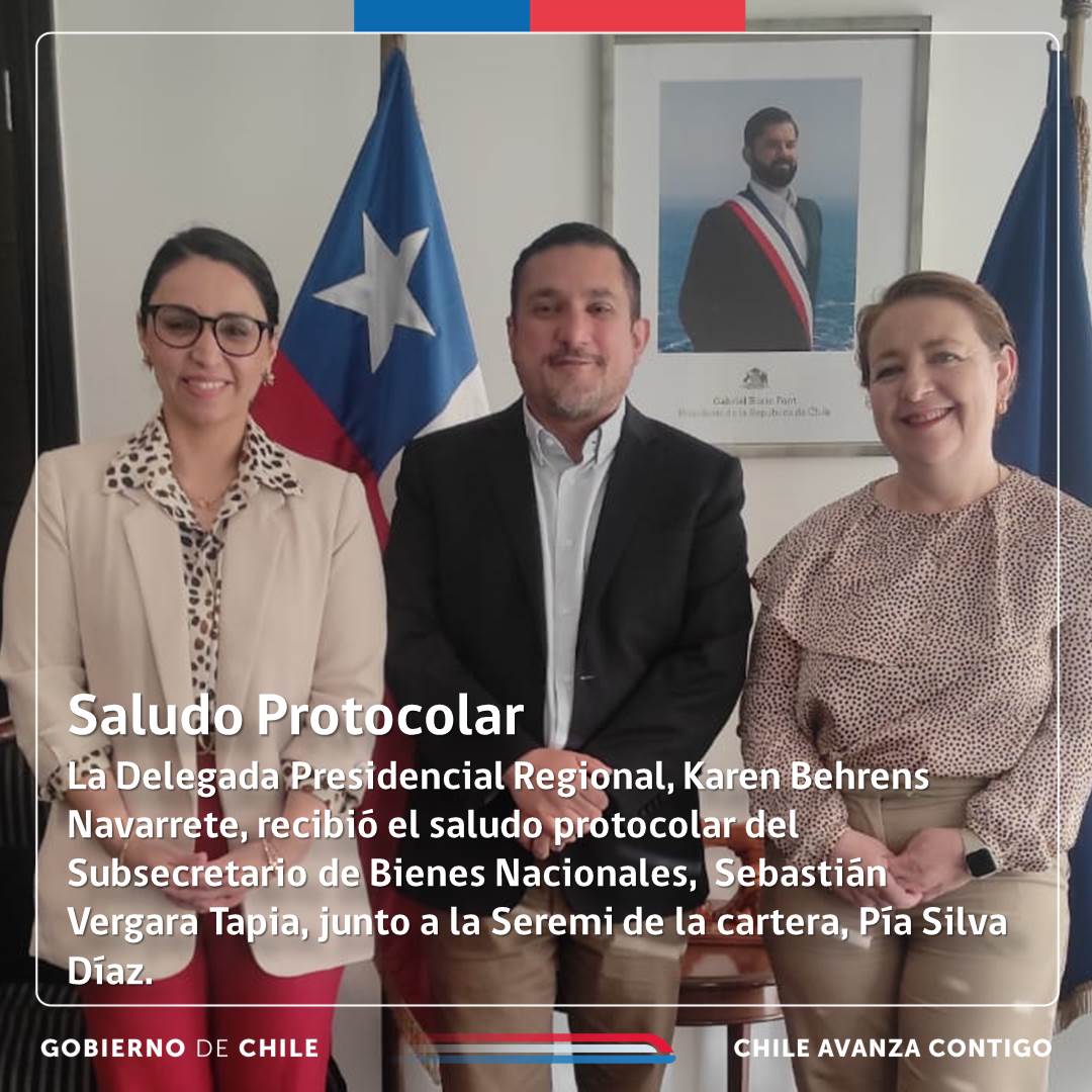 #Antofagasta Delegada Presidencial Karen Behrens, recibió el saludo protocolar del Subsecretario de Bienes Nacionales, Sebastián Vergara, quien desarrollará una intensa agenda en la región con la entrega de títulos de dominio y terrenos para espacios comunitarios.