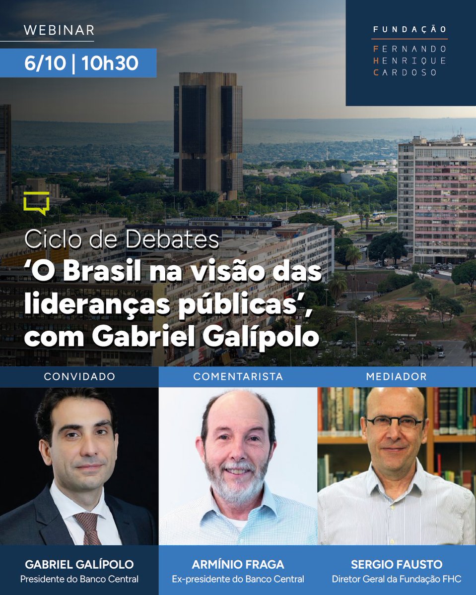 Não perca o debate com Gabriel Galípolo e Armínio Fraga, atual e ex-presidentes do <a href="/BancoCentralBR/">Banco Central BR</a>, em palestra na Fundação FHC dia 06/10, às 10h30, sobre os desafios da economia brasileira frente ao novo cenário internacional.

O evento é parte do ciclo “O Brasil na visão das