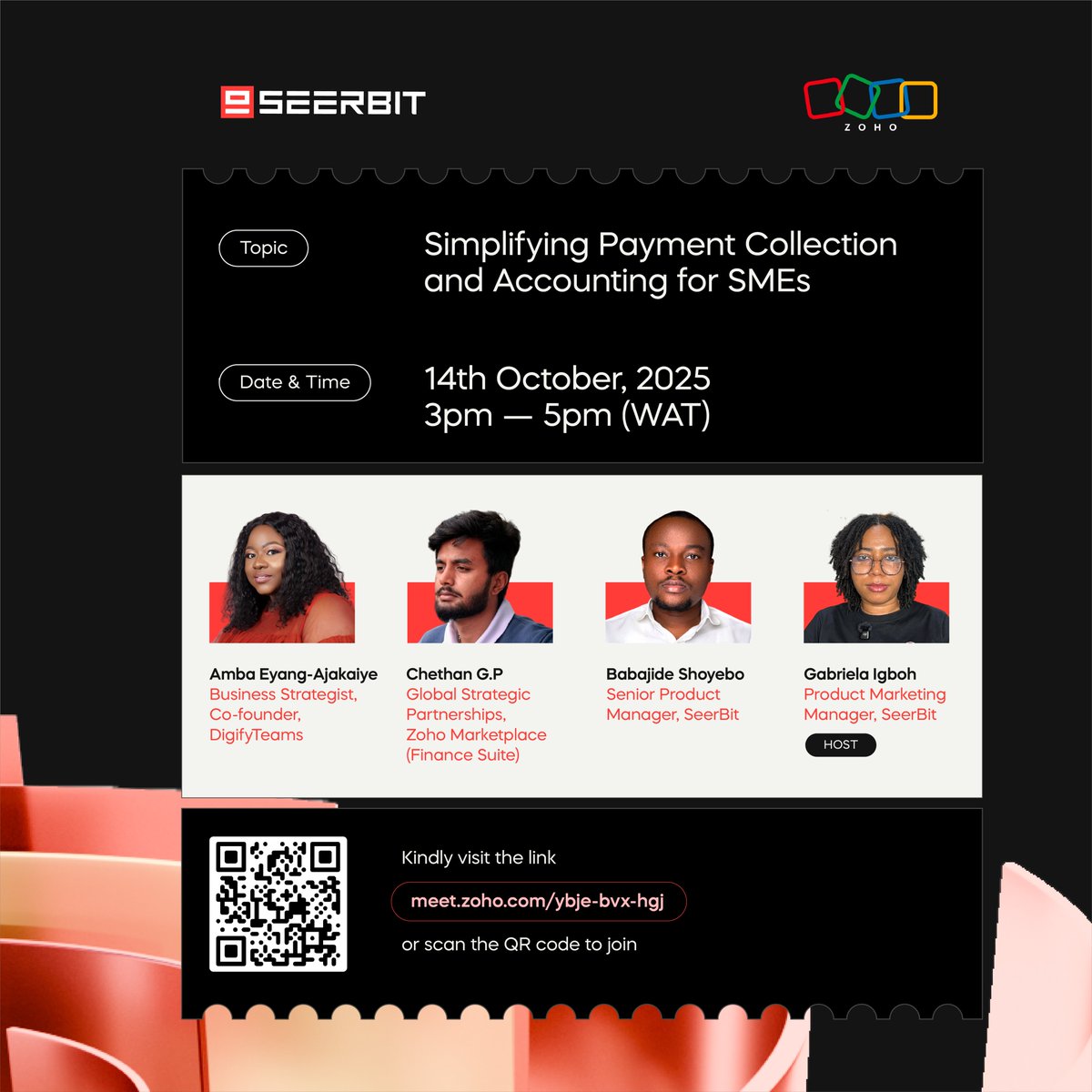 getSeerBit's tweet image. Every hour wasted on manual accounting costs your business. In this FREE webinar organised in partnership with Zoho Africa,  Our speakers will explain how you can simplify accounting and payment collection for your business.

Register here&amp;gt;&amp;gt; meet.zoho.com/ybje-bvx-hgj