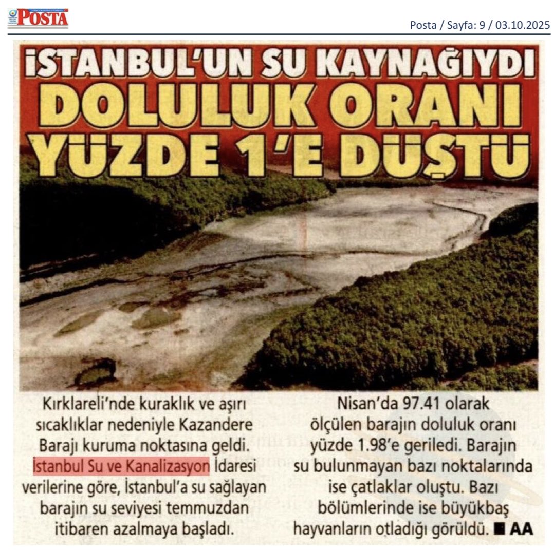 Bölgemizdeki kuraklık devam ediyor. Baraj doluluk oranları % 27,81 seviyesine geriledi. Geçen yıl bu oran % 36 seviyesindeydi. Günlük su tüketimimiz 3 milyon 200 bin m3’ün üzerinde. İSKİ halkımıza kesintisiz su temini için her türlü önlemi alıyor. Ancak bu zor dönemde