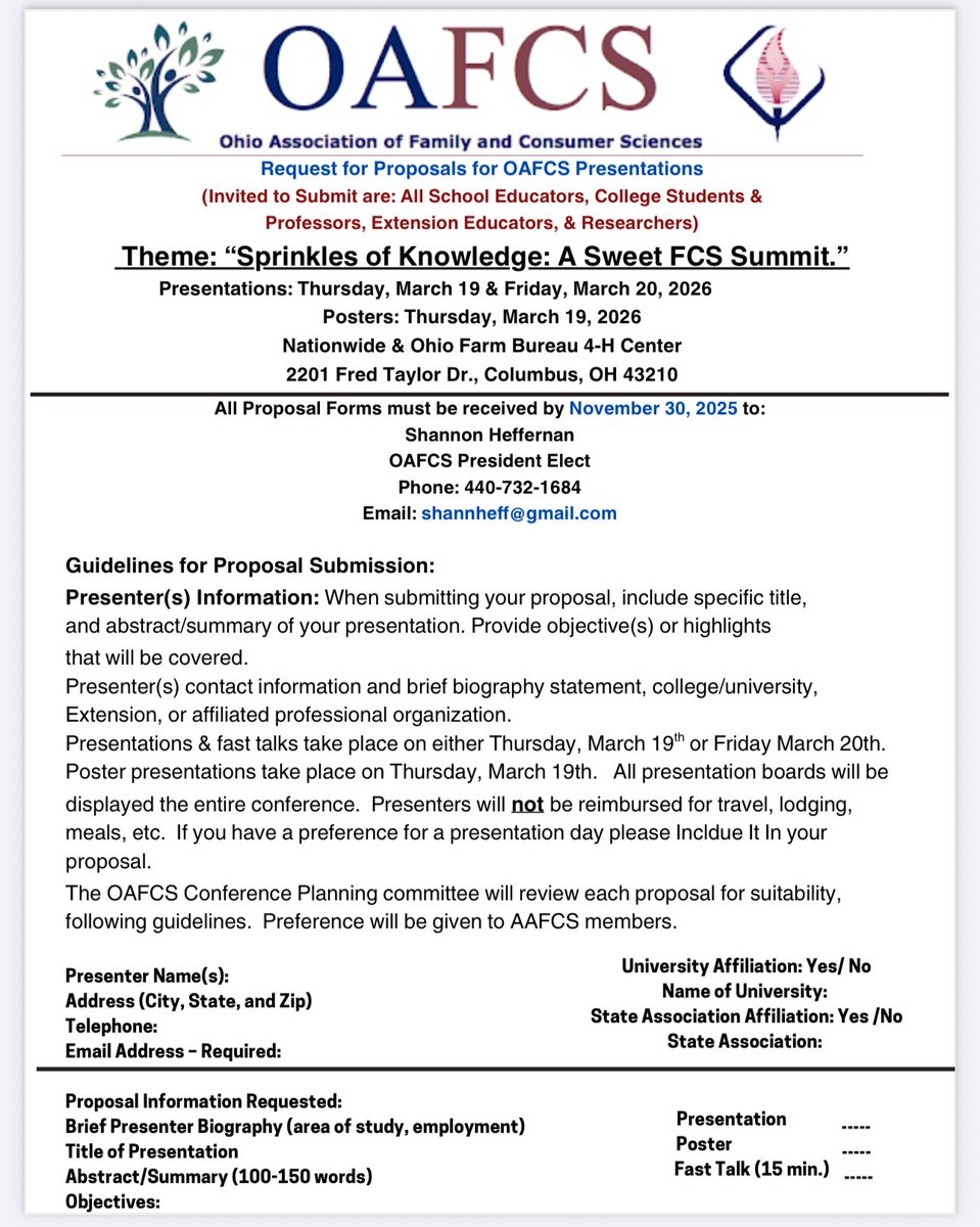 Ms. Heffernan (@keystonefcs) on Twitter photo We are accepting proposals for the 2026 OAFCS Conference!
Contact Shannon Heffernan with questions at shannheff@gmail.com
drive.google.com/file/d/1825_WC… We are accepting proposals for the 2026 OAFCS Conference!
Contact Shannon Heffernan with questions at shannheff@gmail.com
drive.google.com/file/d/1825_WC…