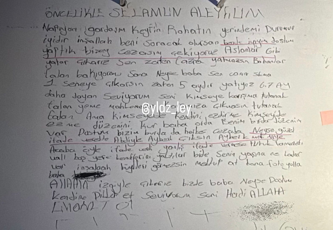 🔴 “Aslanlar gibi yatıp çıkarız”

Kadıköy’de öldürülen Mattia Ahmet Minguzzi davasında sanık B.B.’nin diğer sanığa yazdığı mektup dava dosyasına girdi.

📌 Cezaevi yönetimi mektubu, “suçu övücü ve yönlendirici ifadeler içeriyor” diyerek sakıncalı buldu.
#AhmetMinguzzi