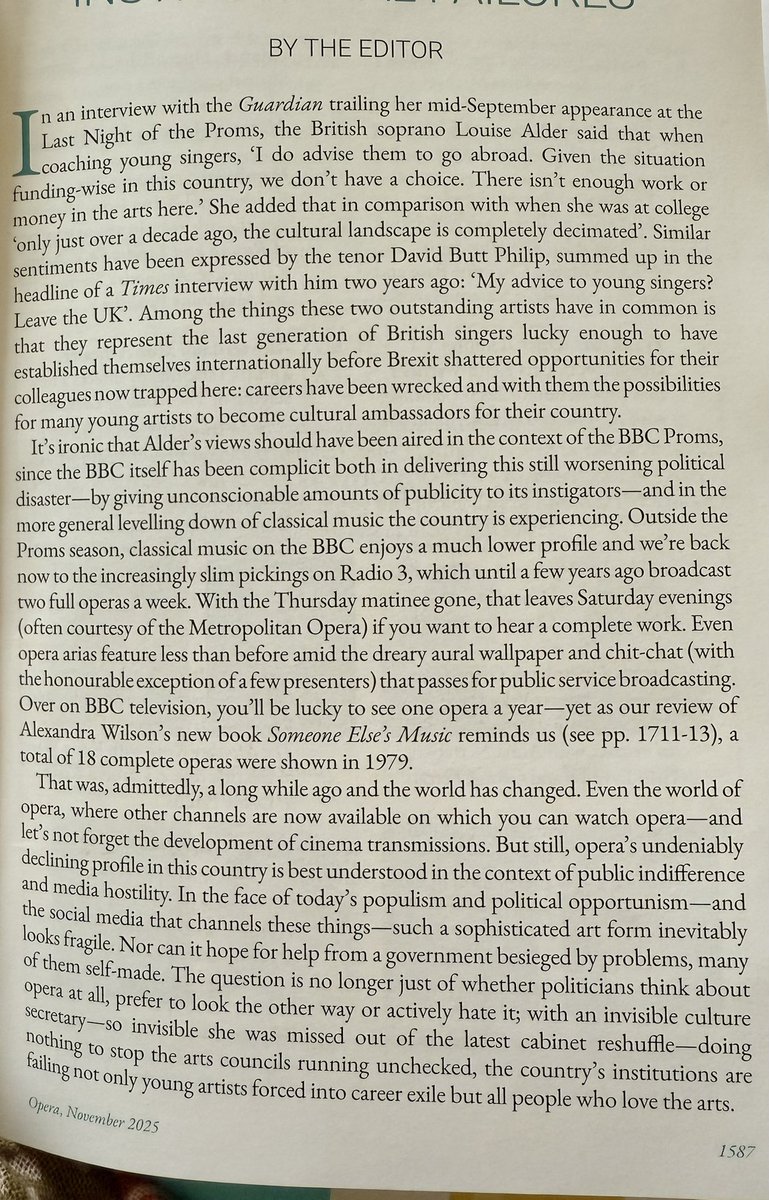 Magnificent broadside from October <a href="/operamagazine/">Opera with Opera News</a> castigating our rulers for sidelining the Arts &amp; driving young musical talent abroad.