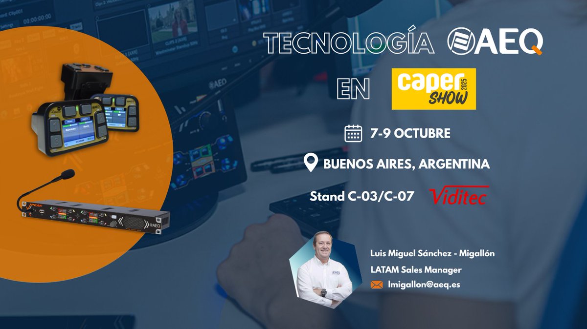 AEQ estará en CAPER SHOW 25 en Buenos Aires (7–9 de octubre). Encuéntranos en el stand de Viditec (C-03/C-07). Nuestro Sales Manager LATAM, Luis Miguel Sánchez-Migallón, te presentará las últimas novedades de AEQ en intercom. 🇦🇷