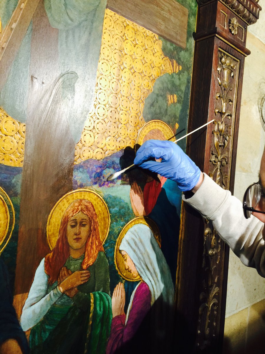 At the Basilica of the Immaculate Conception a portion of our work was to provide conservation services for the 14 Stations of the Cross. We removed a yellowing varnish and in-painted where necessary. Here, you can see part of the conservation cleaning process.

#ArtConservation
