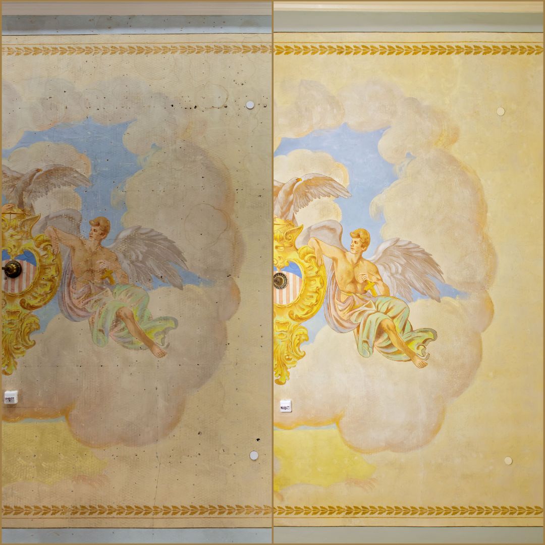 Featured is a before and after of the courtroom ceiling mural, which was part of our #restoration and #preservation work at the Grant County Courthouse. Restoration and conservation treatments included plaster repairs, in-painting, and consolidation.

📸Gilbertson Photography
