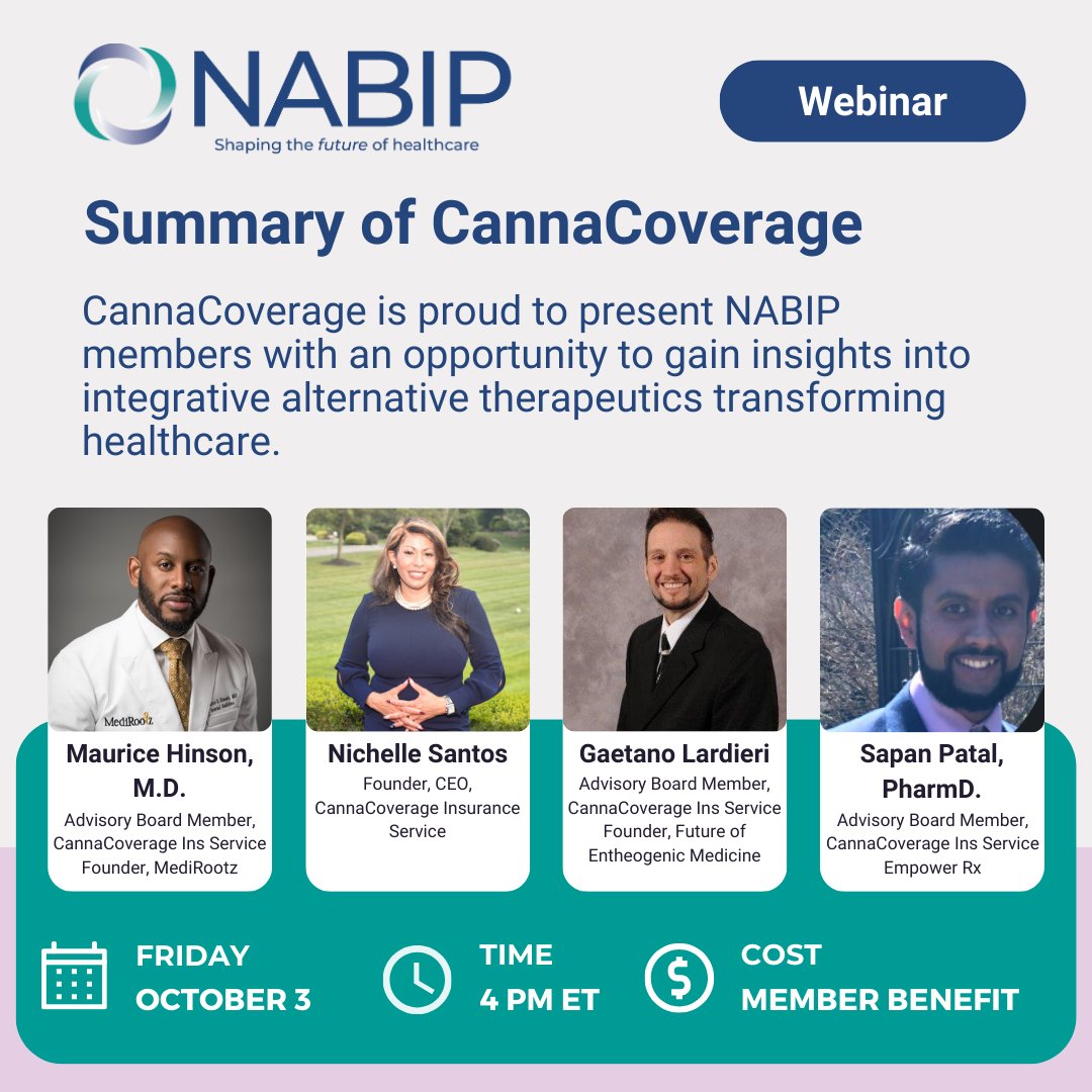 🚨 Join #NABIP and #CannaCoverage at 4 p.m. ET for a groundbreaking webinar on how alternative therapeutics—medical cannabis, ketamine-assisted therapy, psilocybin therapy, and psychedelics—are transforming healthcare.

👉 There’s still time to register: ow.ly/JJ7e50X2t0e