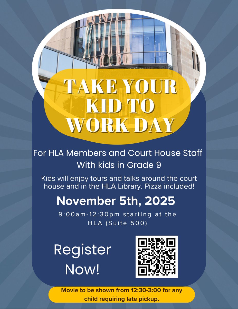 The HLA invite you and your Grade 9 student to participate in Take Your Kid to Work Day on November 5, 2025.
This event is open to HLA members and Courthouse staff with children in Grade 9. Students will enjoy guided tours and engaging talks.
