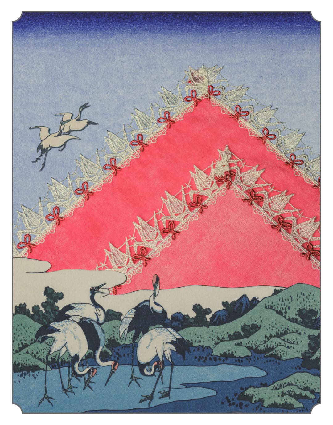 ◎新品◎近沢レース和ハンカチどすこい日本富士山お寿司折鶴おにぎり茶道6枚セット 近沢レース 6枚セット どすこい日本 折り鶴 富士山 おにぎり