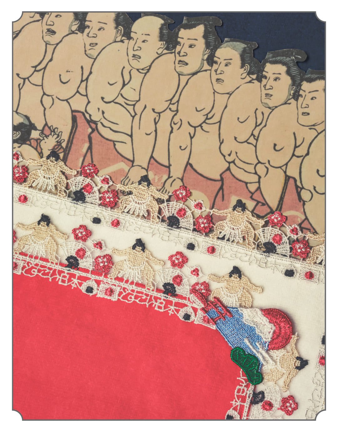◎新品◎近沢レース和ハンカチどすこい日本富士山お寿司折鶴おにぎり茶道6枚セット 近沢レース 6枚セット どすこい日本 折り鶴 富士山 おにぎり