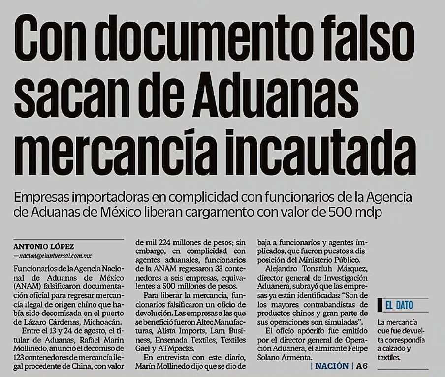 ¿Como ven? 

Se descubre más robo en las aduanas.

El pañuelito blanco de AMLO está igual de OSCURO que su conciencia.

Falsificaban documentos para contrabando chino.

Nomás se robaron..
¡ 500 millones de pesos !

La herencia MALDITA de López Obrador sigue dando frutos..

👇