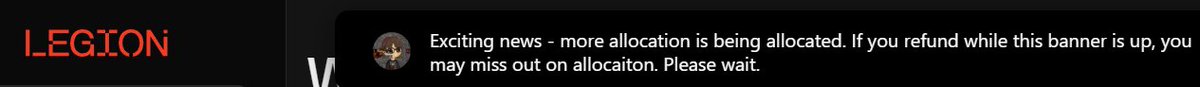 LEGIONこれ…
もしかしなくてもrefund多すぎておかしなってるのでは…

割り当てあるかもやのにrefundしてしまった人不憫やな…