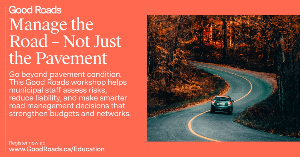 Road management is more than a pavement score. Learn how to link defects, budgets, and liability risks to make smarter, defensible decisions. Join 𝗠𝗮𝗻𝗮𝗴𝗲 𝘁𝗵𝗲 𝗥𝗼𝗮𝗱 – 𝗡𝗼𝘁 𝗝𝘂𝘀𝘁 𝗧𝗵𝗲 𝗣𝗮𝘃𝗲𝗺𝗲𝗻𝘁: goodroads.ca/courses/2022-m…
#GoodRoadsCourses #Infrastructure