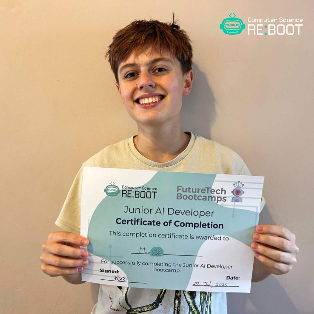 CSReBoot's tweet image. 👾 At the end of every bootcamp, each child receives a Certificate of completion.
We’re proud to be the first to deliver AI Developer Bootcamps for children aged 10-18.
Book your child's place now cs-reboot.co.uk
#CSReboot #FutureTech